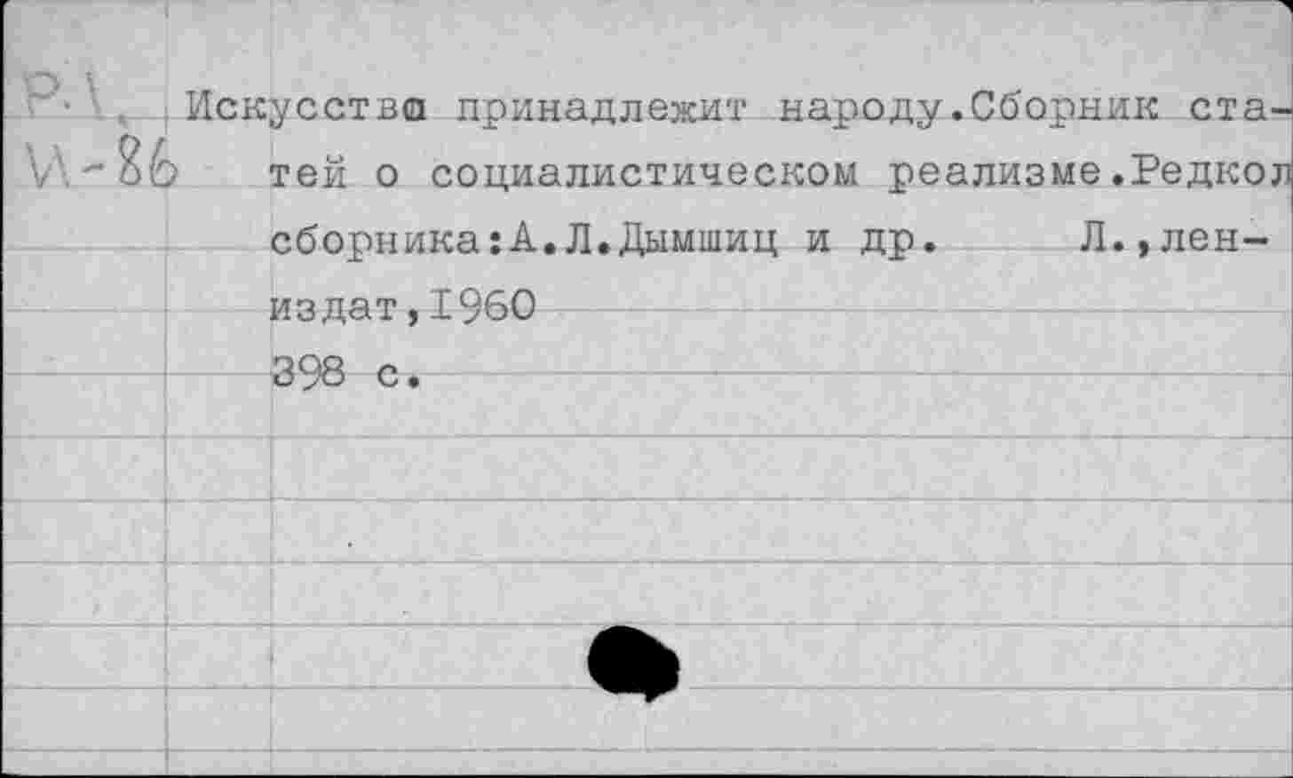 ﻿Искусства принадлежит народу.Сборник статей о социалистическом реализме.Редкой сборника:А.Л.Дымшиц и др. Л.,лен-издат,1960
398 с.